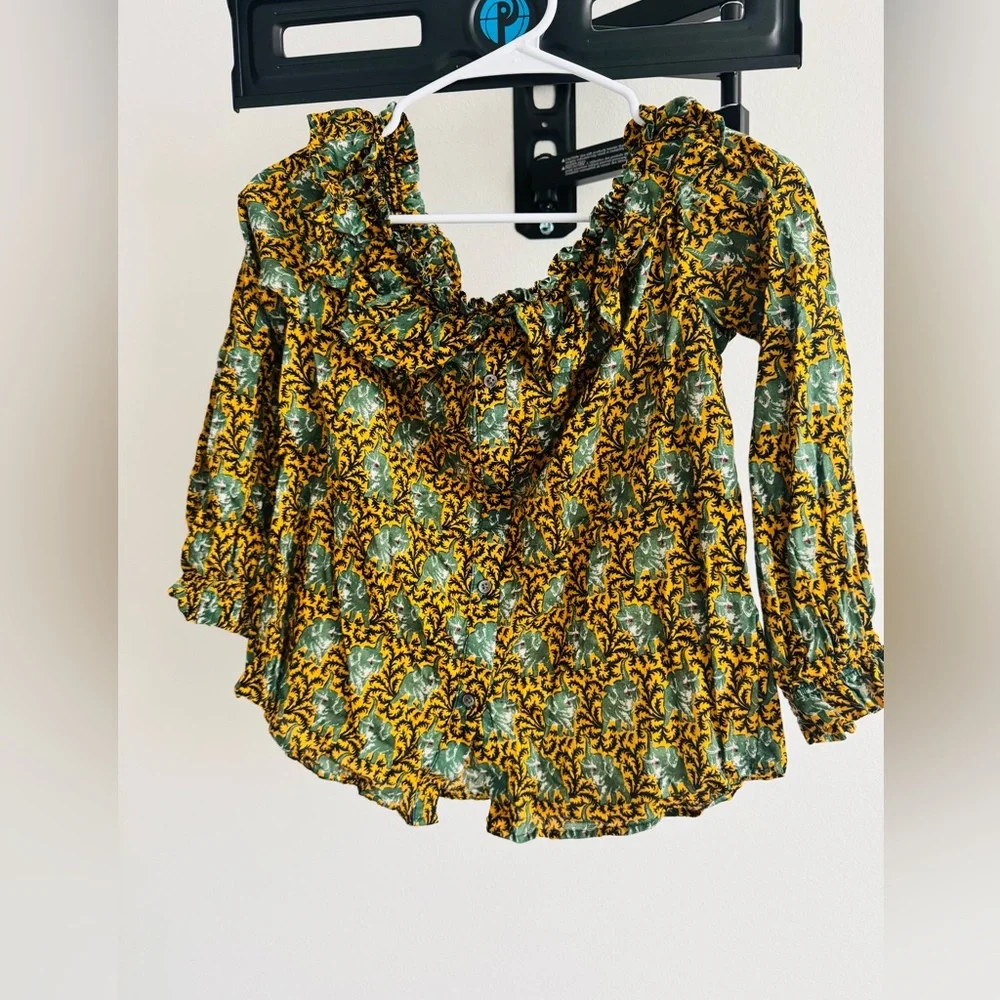 J.CREW Off The Shoulder Boho Blouse Mustard Green Ruffle Long Sleeve Shirt 6❤️